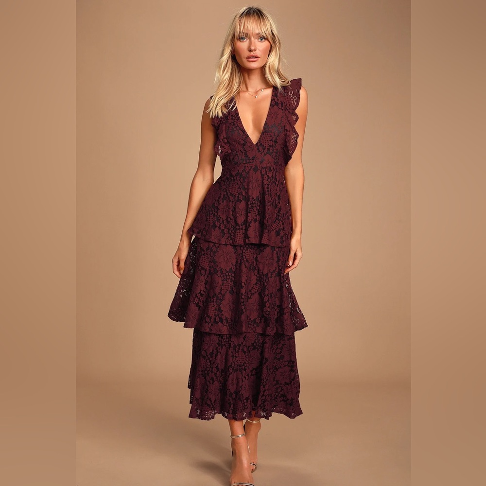 Lulus Molinetto Burgundy Lace Ruffled Tiered Sleeveless Maxi Dress